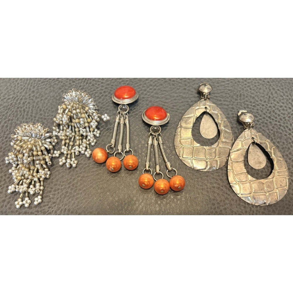 Vintage Lot Of 3 Pairs Silver Tone Runway Dangle 80's Clip Earrings Costume